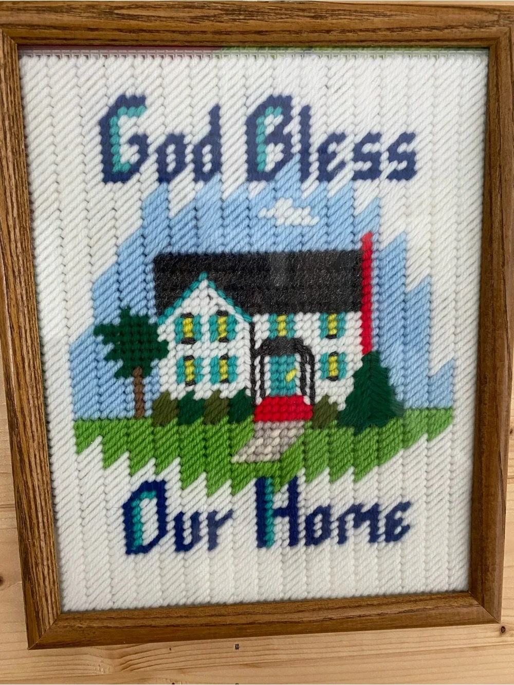 Vintage Framed Cross Stitch Embroidery God Bless Our Home Grannycore Wall Art